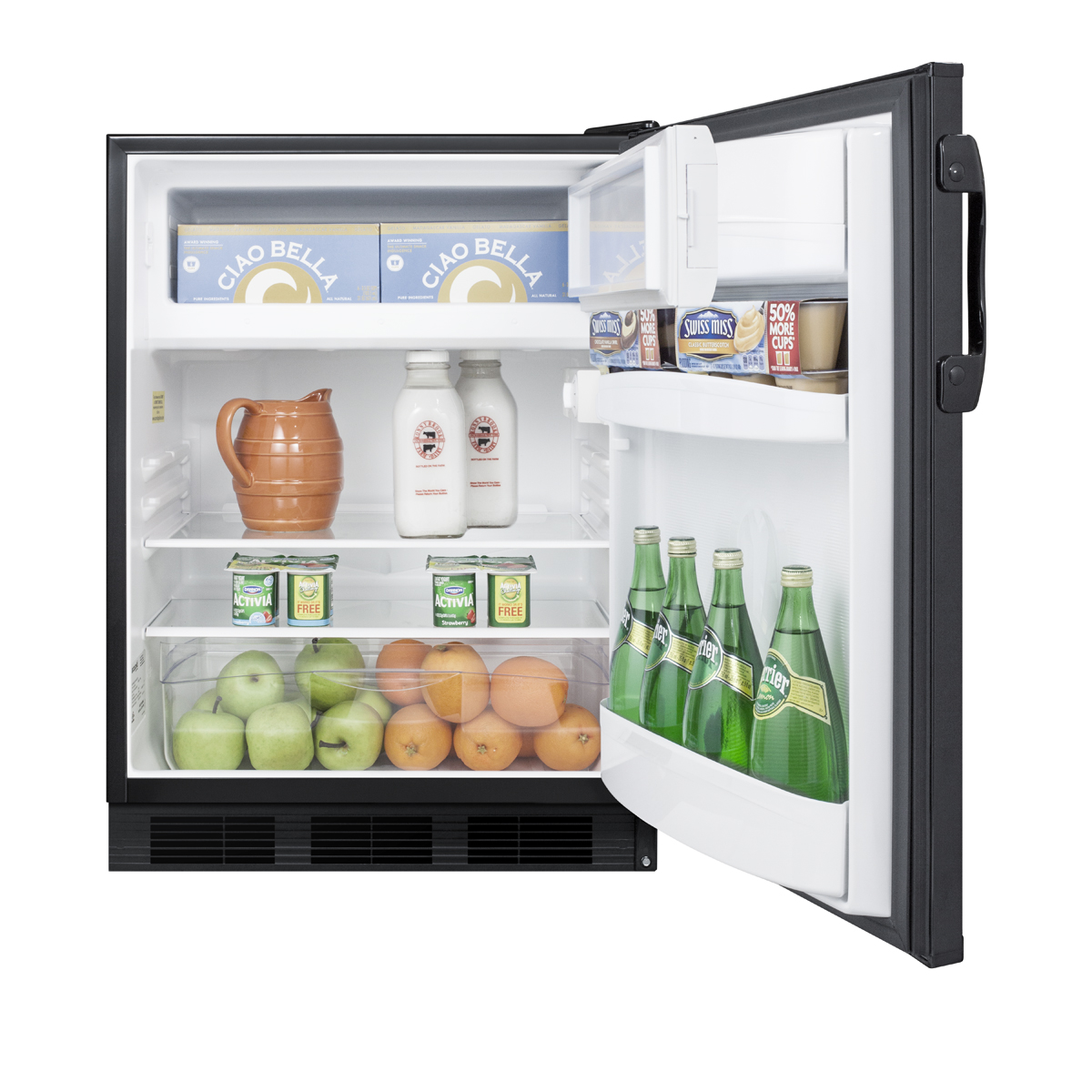 Freestanding refrigerator-freezer for general purpose use, with dual evaporator cooling, cycle defrost, and black exterior